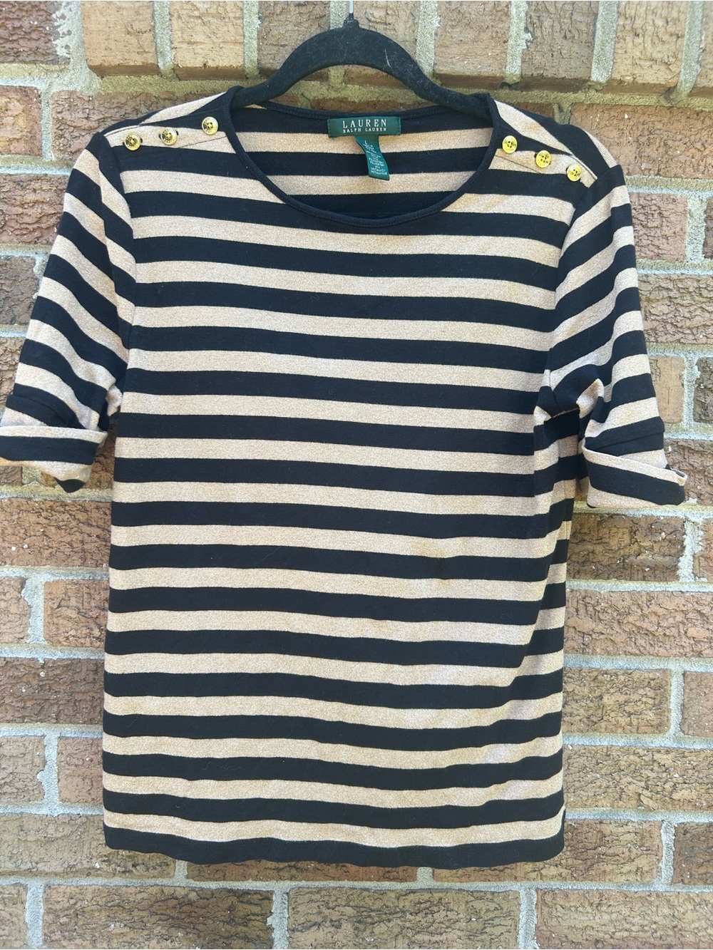 Lauren Ralph Lauren metallic inlay striped top with shoulder buttons size large